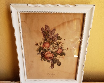 Tea Stained Vintage Print with Shabby White Frame