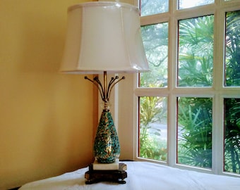 Mid Century Zwart-Gouden Atomic Brass Glass and Ceramic Table Lamp-Confetti Glaze