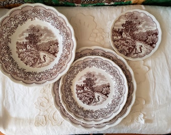 NF of Fontebasso Italy Brown Transferware Swiss Landscape-4 Piece Place Setting-382 Made in Italy