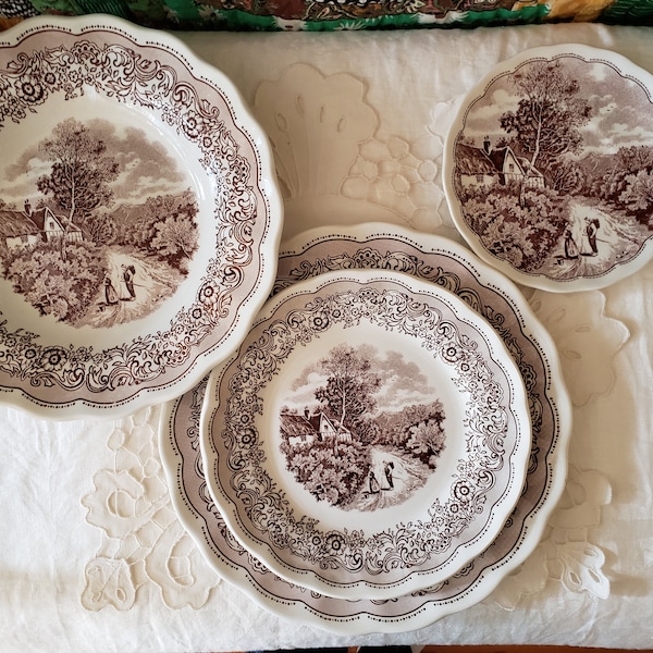 NF of Fontebasso Italy Brown Transferware Swiss Landscape-4 Piece Place Setting-382 Made in Italy