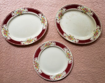 Vintage Homer Laughlin Brittany Majestic Burgundy 3 Pc Platter and Dinner Plate Lot