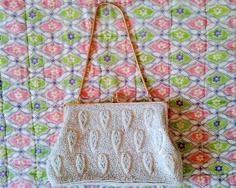 Vintage White Beaded Handbag with Tuckaway Carry Strap Bridal