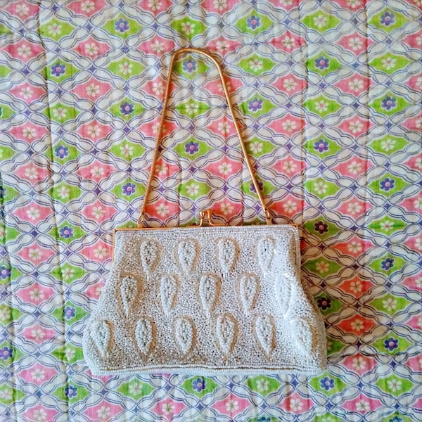 Vintage White Beaded Handbag with Tuckaway Carry Strap Bridal