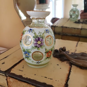 Rare Antique Hand Painted Czech Bohemian Cut Leaded Glass Overlay Perfume Bottle