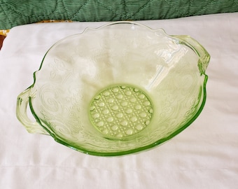 Antique Depression Glass Open Handled Serving Bowl Vaseline Green