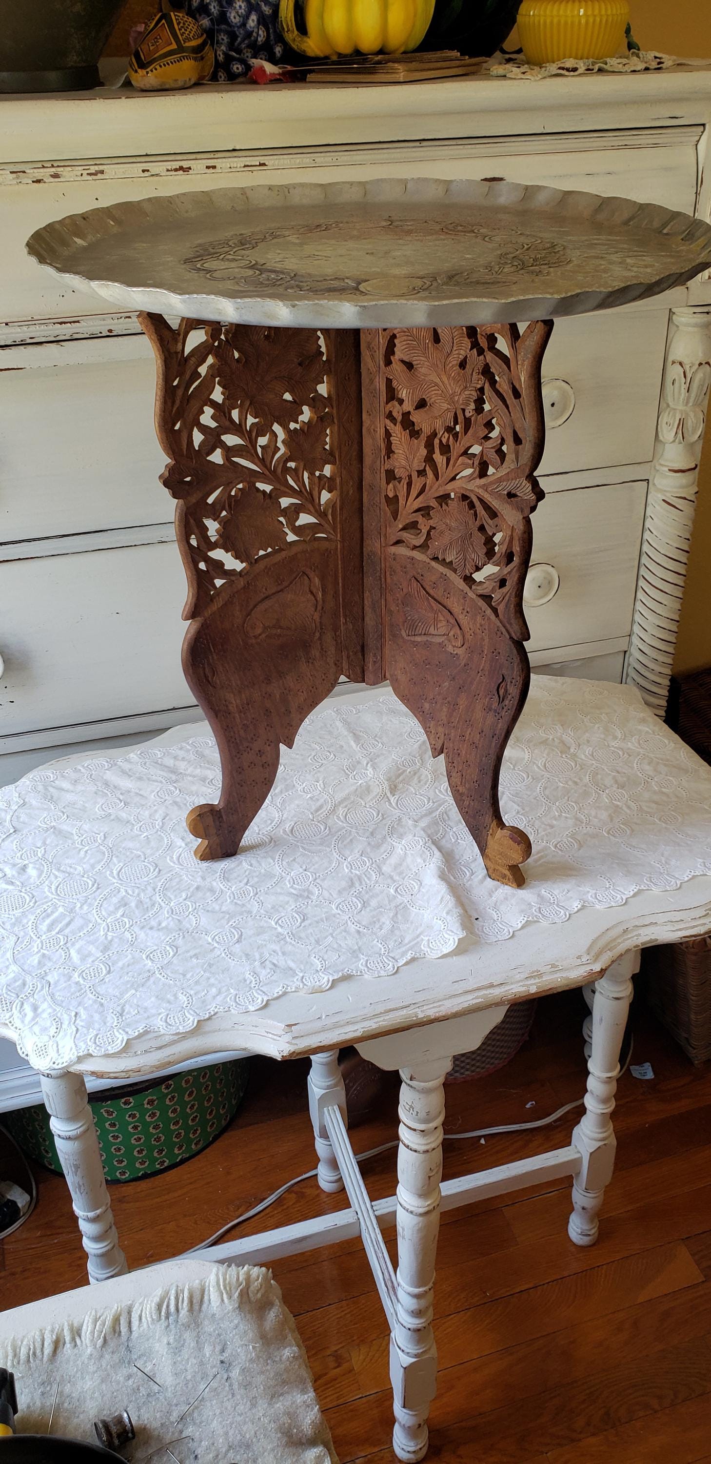 Vintage 70's Carved Wood Small Folding Table Stand w Etched Aluminum Tray
