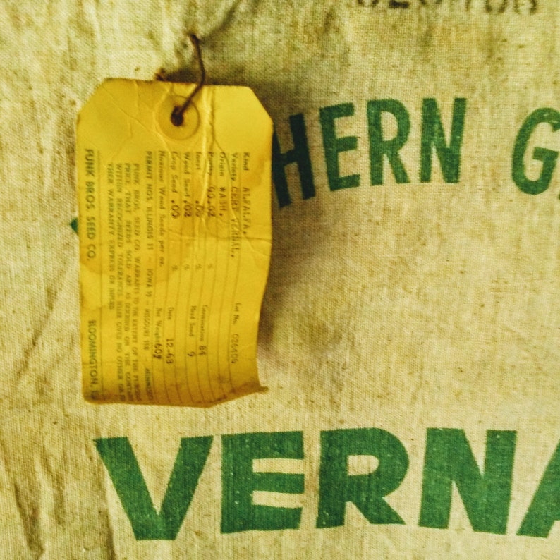 Vintage Vernal Northern Grown Alfalfa Canvas Seed Sack with Original Tags and Great Graphics