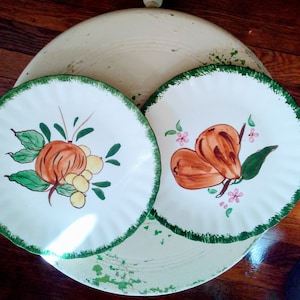 2 Vintage blue Ridge Keramik von Hand bemalt Birne 8,5 Zoll Teller w grüne Grenze