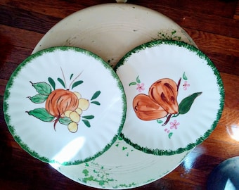 2 Vintage Blue Ridge Pottery Hand Painted Pear 8.5 inch Dinner Plates w Green Border