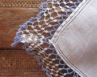 Antique Mignonette Tatted Lace Hankerchief in Blue and White