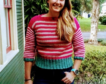 Hand Knit Croppy Toppy Sweater with Pink and Red Stripes