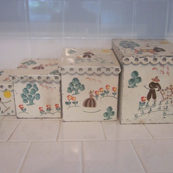 Adorable and Vintage Hand Painted and Scalloped Tin Cannister Set