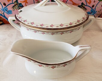 Antique Porcelain Soup Tureen and Matching Gravy Boat with Rose Garland Banding Oval