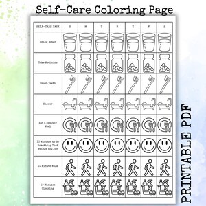 Puede incluir: Una página para colorear de autocuidado imprimible con una cuadrícula de tareas diarias. Las tareas incluyen beber agua, tomar medicamentos, cepillarse los dientes, ducharse, comer una comida saludable, hacer algo que te traiga alegría, caminar 10 minutos y limpiar.
