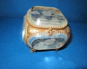 Antique Ornate Brass and Beveled Etched Glass Jewelry Casket as found