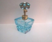 Vintage 1950s Aqua Cut Glass and Rhinestone Rhinestone Perfume Atomizer Bottle with IRice Label