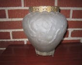 Vintage c1930 Consolidated Glass Frosted White Poppy Vase with Metal Mounts