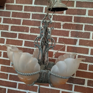 Vintage 1920s/30s Art Deco Light 6 Slip Shade Glass Cast Metal Chandelier