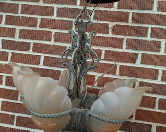 Vintage 1920s/30s Art Deco Light 6 Slip Shade Glass Cast Metal Chandelier