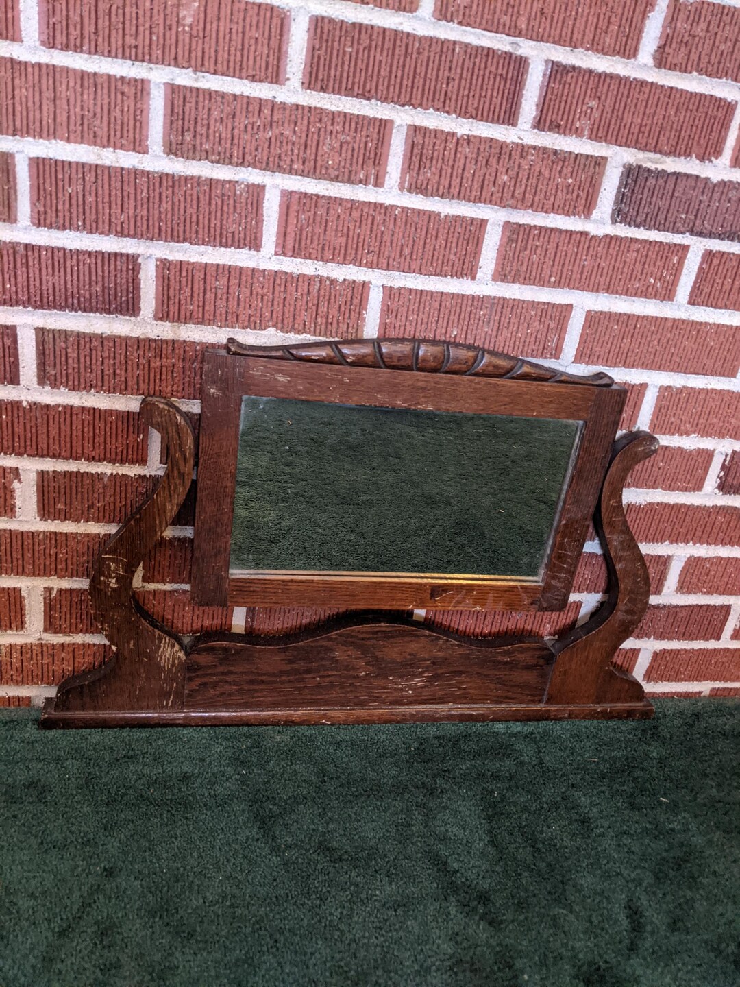 View of Antique 1920s Carved Oak Framed Glass Hanging Wall Mirror With Dresser ...