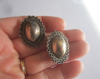 Vintage Mexican Sterling Silver Large Oval Screw back Earrings