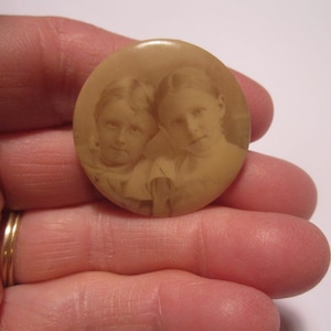 Antique Edwardian Celluloid Photograph Pin of Two Children with 1898 Patent Date