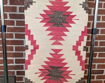 Vintage 20x39 Mexican Zapotec Navajo Style Red and Brown Wool Weaving Rug Wall Hanging