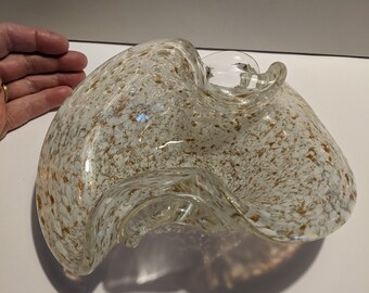 Vintage Mid Century Modern Murano Italian Hand Blown Heavy Lobed White and Clear Art Glass Bowl with Copper Inclusions