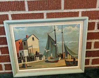 Vintage 1960s Paint by Number 18x14 Framed Signed  Painting of Docked Sailboat