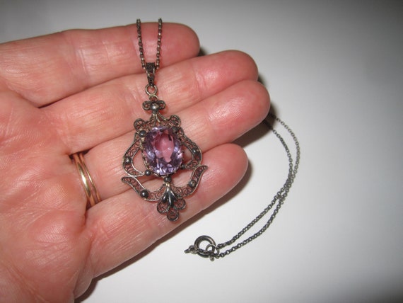 Antique Edwardian Sterling Silver Filigree Amethys