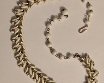 Vintage 1950s BSK Goldtone White Enamel and Clear Rhinestone Choker Necklace