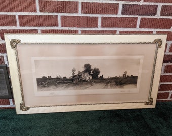 Antique c1900 Large Etching Signed Ernest C. Rost in Wood and Gesso Frame