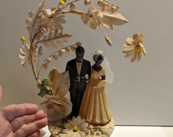 Vintage Mid Century Black Bride and Groom Figurine Wedding Cake Topper as found