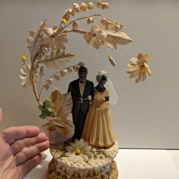 Vintage Mid Century Black Bride and Groom Figurine Wedding Cake Topper as found