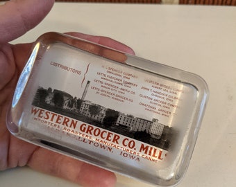 Vintage Glass Advertising Souvenir Paperweight "Western Grocer Co. Mills Marshalltown, Iowa"