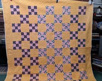 Vintage Exceptional 1930s Cotton Feedsack 79x79 Mustard Blue and Red NINE PATCH Quilt from Iowa Estate