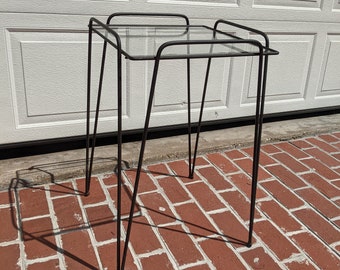 Vintage 1960s Black Wrought Iron Hairpin Leg Glass Top Patio Table