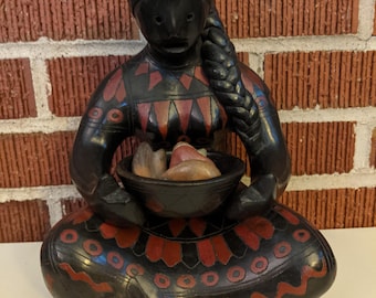 Vintage Mexican Folk Art Black and Red Incized Pottery Seated Woman Sculpture Holding Bowl of Fruit Attributed to Manuel Felguerez