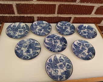 Antique Lot of 8 Matching Chinese Export Canton Blue and White Porcelain 4 1/8" Plates