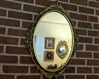 Antique 1920s Large 19x26 Oval Brass Botanical Wall Hanging Mirror