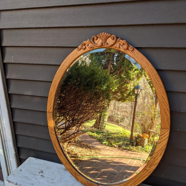 Vintage Large Carved Oak Oval Beveled Wall Hanging Mirror