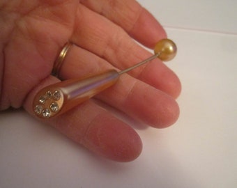 Vintage 1930s Art Deco Celluloid and Rhinestone Pearlescent Jabot Pin Brooch