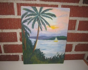 Vintage Dated 1949 Original Signed Oil Painting of Tropical Shore