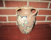 Antique German Amphora Pottery Three Handled Vase Floral Design