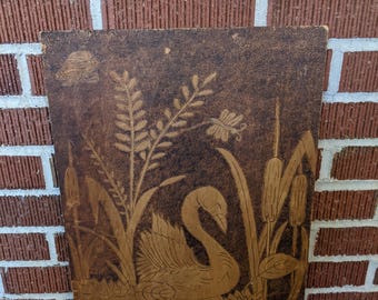 Vintage 14x29 Pyrography Wood Panel with Pond Swan Cattails Ferns Design