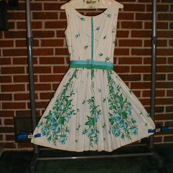 FINAL SALE Vintage 1960s Sensational Summer Sun Dress-White Cotton w/Teal Roses
