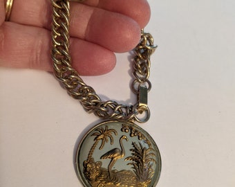 Vintage Goldtone Link Bracelet with Florida Souvenir Flamingo Charm Pendant