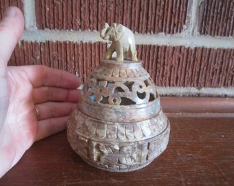 Vintage Carved Soapstone Incense Burner with Elephant Finial