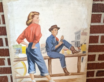 Vintage 1940s Original Large Advertising Illustration Art Unframed Artist Signed Gouache Painting as found
