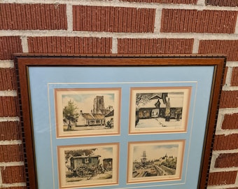 Vintage Framed Group of Four Signed Linck  Etchings of Belgium